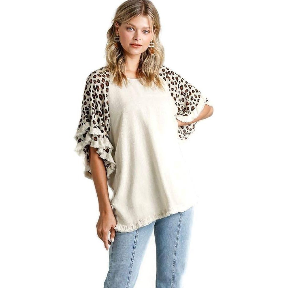 Umgee Leopard Print Ruffle Sleeve Linen Blend Tunic Top Oatmeal Large
